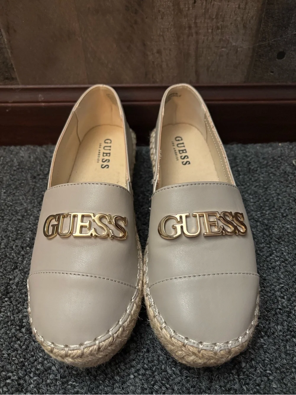 GUESS Taupe Slip-On Espadrilles with Gold Logo